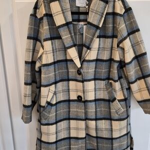 NWT Plaid Pea Coat in Cream and Blue